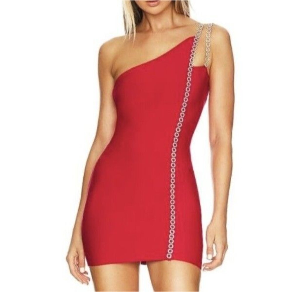 Hours Alisha Red Dress Womens Small One Shoulder Chain Strap Bodycon